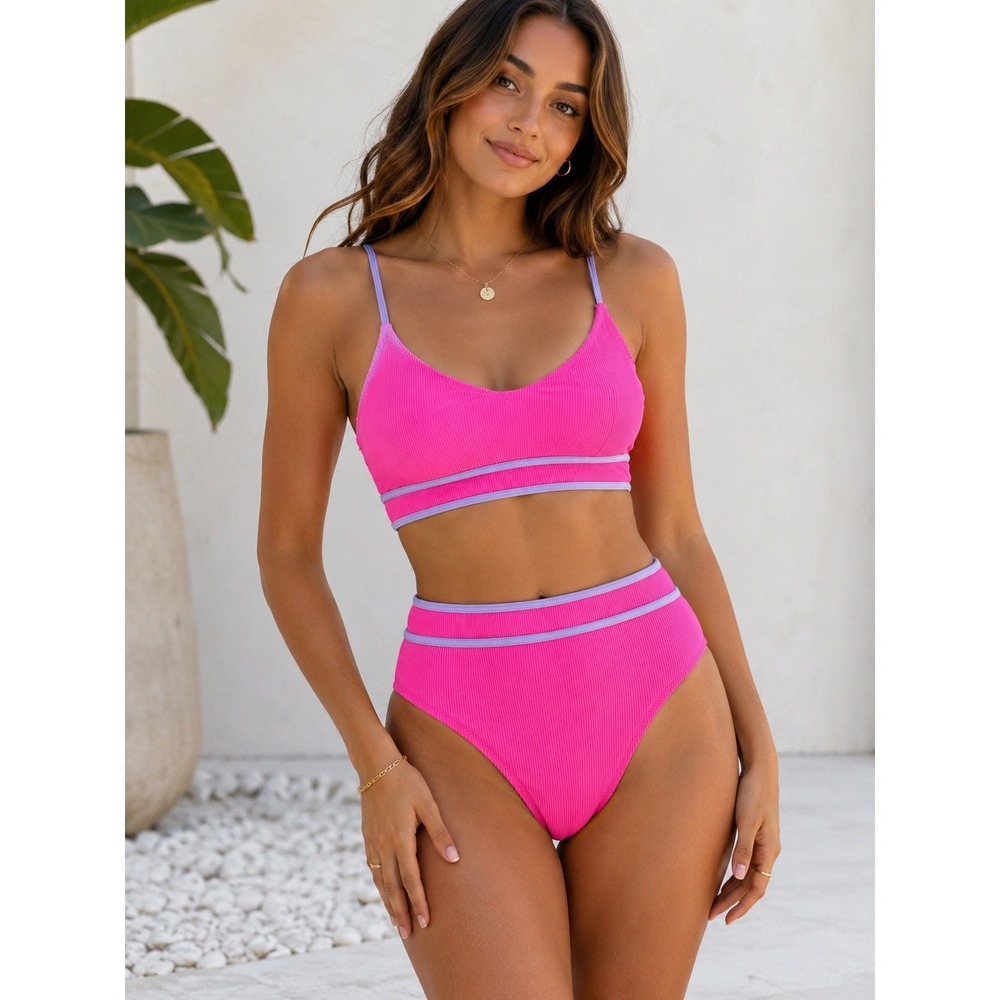 BMJL Ribbed Hot Pink High Waist Bikini Set XL Purple Trim | MSRP ~$35